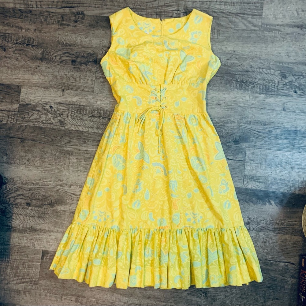 Vintage Lisa Cobb Serbin Yellow Paisley Dress 1960